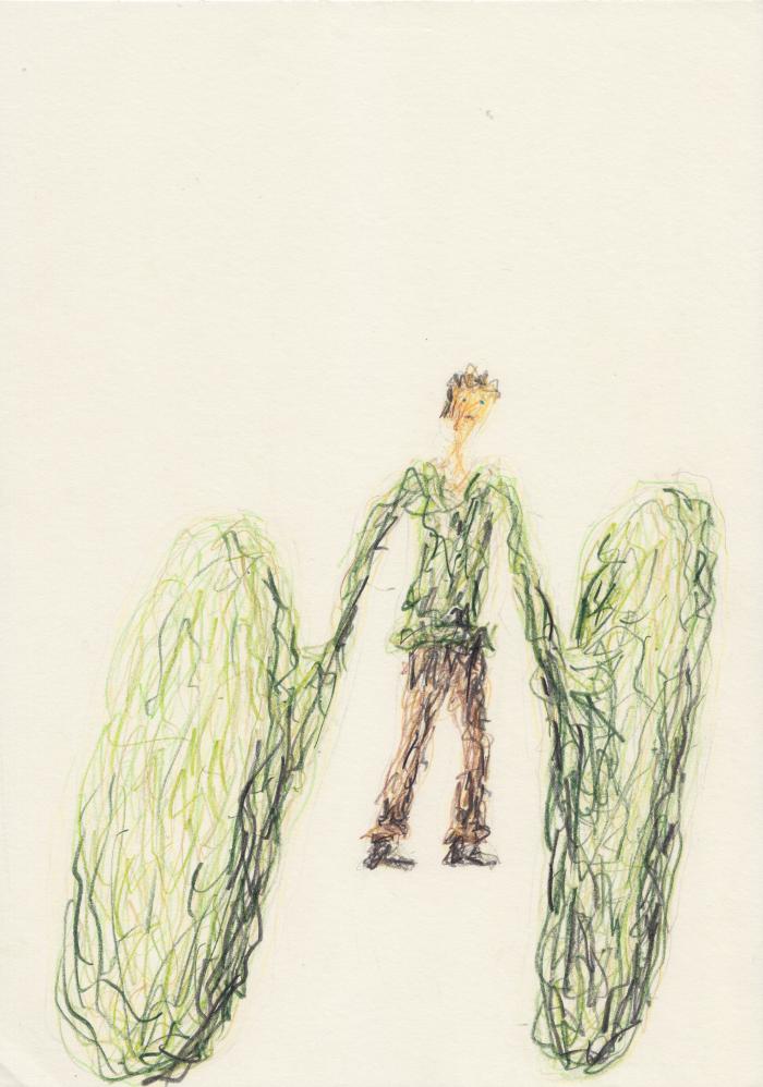 Untitled (Man Between 2 Green Wheels)